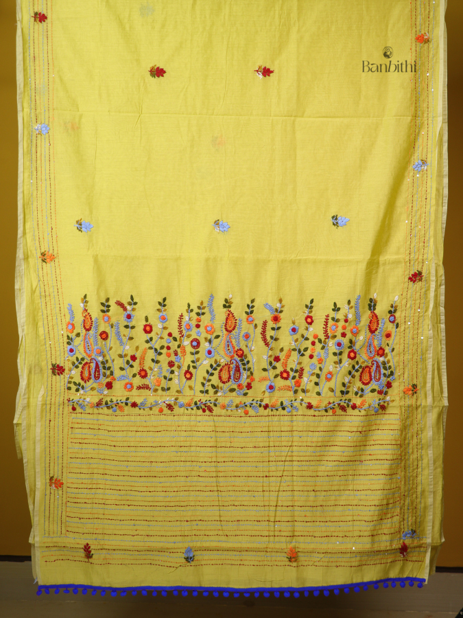 Lemon Glow Embroidered Chanderi Silk Cotton Saree