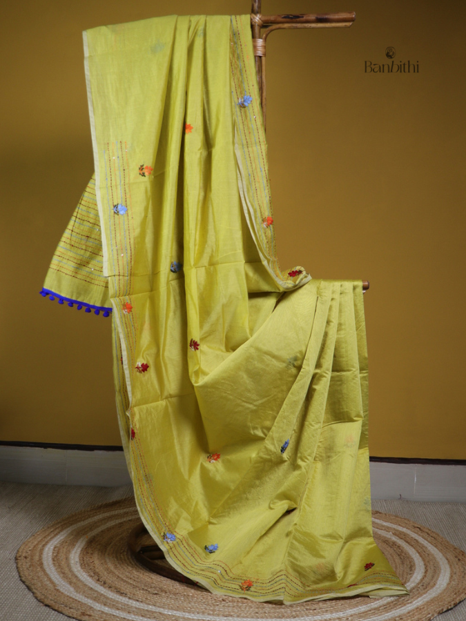 Lemon Glow Embroidered Chanderi Silk Cotton Saree