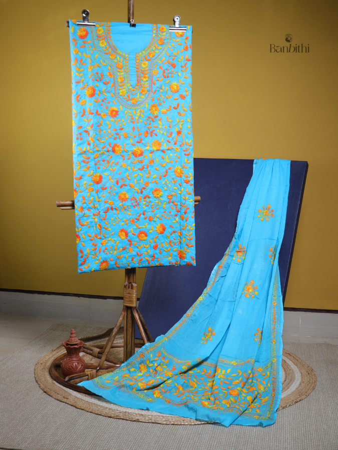 Hand Embroidered Cotton Suit Set – 3 Pcs (Light Blue)
