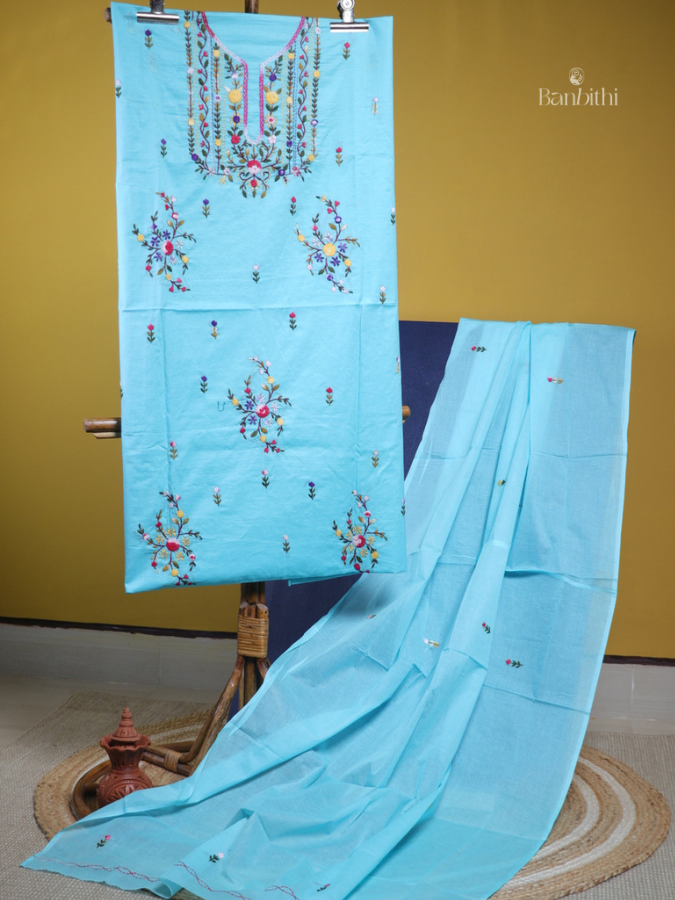 Hand Embroidered Cotton Suit Set – 3 Pcs (Sky Blue)