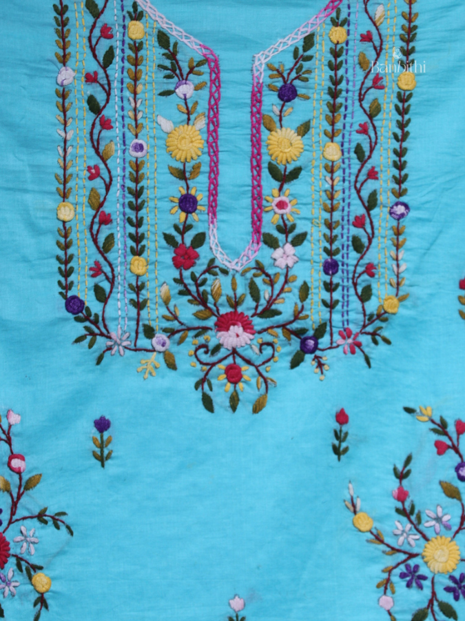 Hand Embroidered Cotton Suit Set – 3 Pcs (Sky Blue)