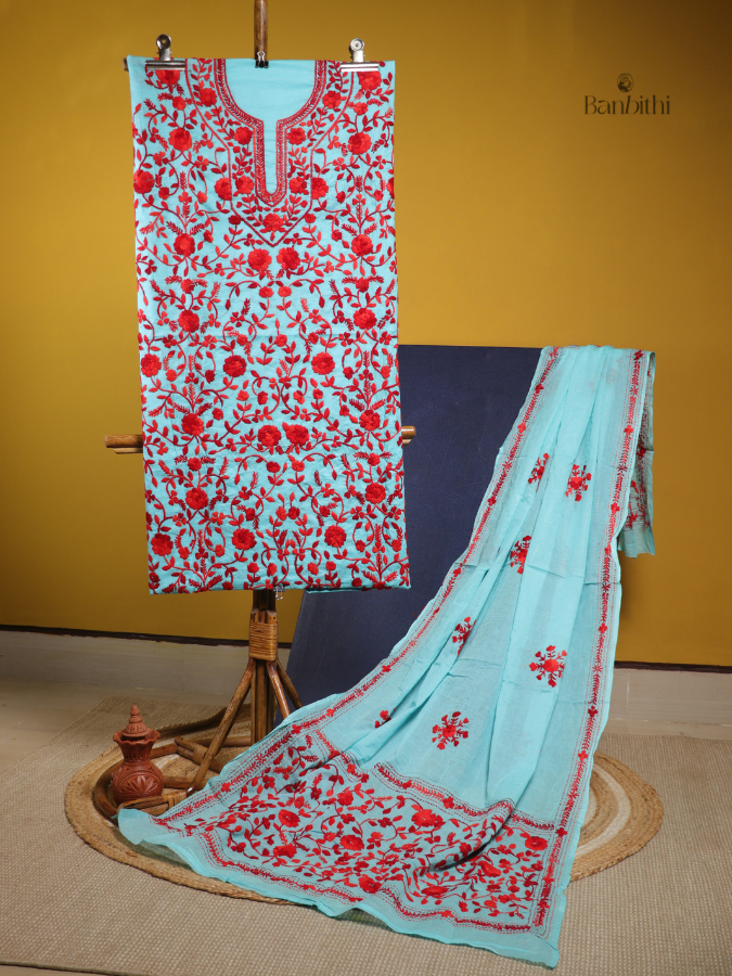Hand Embroidered Cotton Suit Set – 3 Pcs (Light Blue with Red)