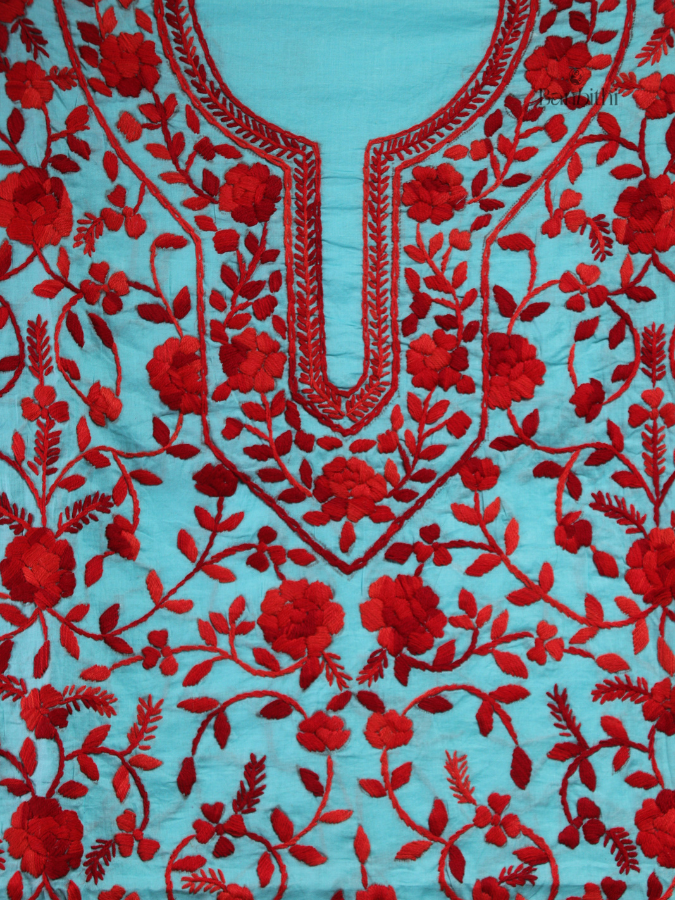 Hand Embroidered Cotton Suit Set – 3 Pcs (Light Blue with Red)