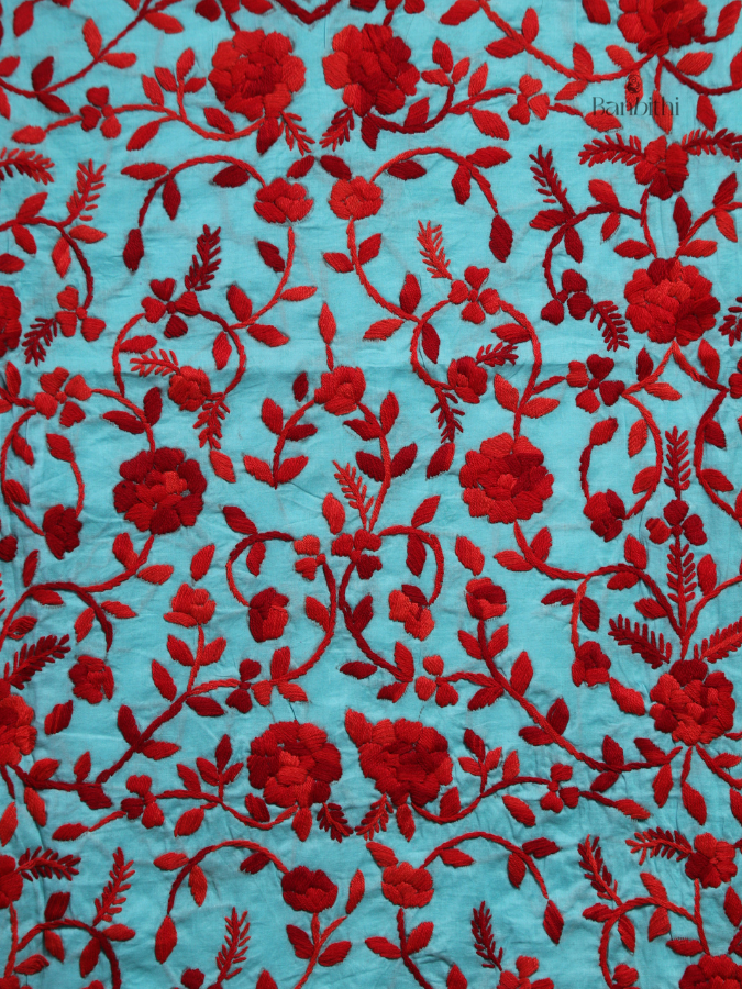 Hand Embroidered Cotton Suit Set – 3 Pcs (Light Blue with Red)