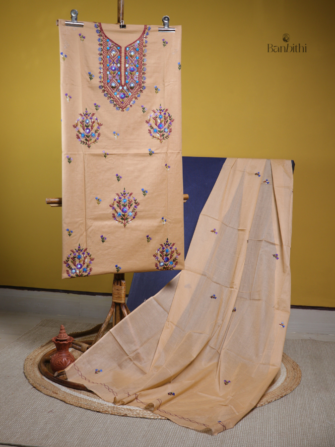 Hand Embroidered Cotton Suit Set – 3 Pcs (Light Brown)