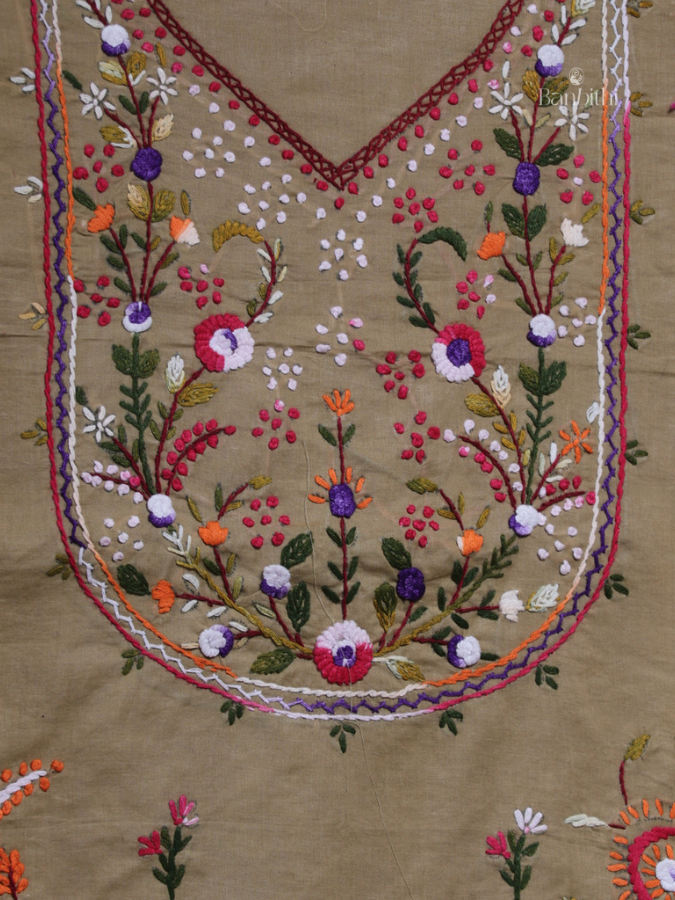 Hand Embroidered Cotton Suit Set – 3 Pcs (Light Brown)