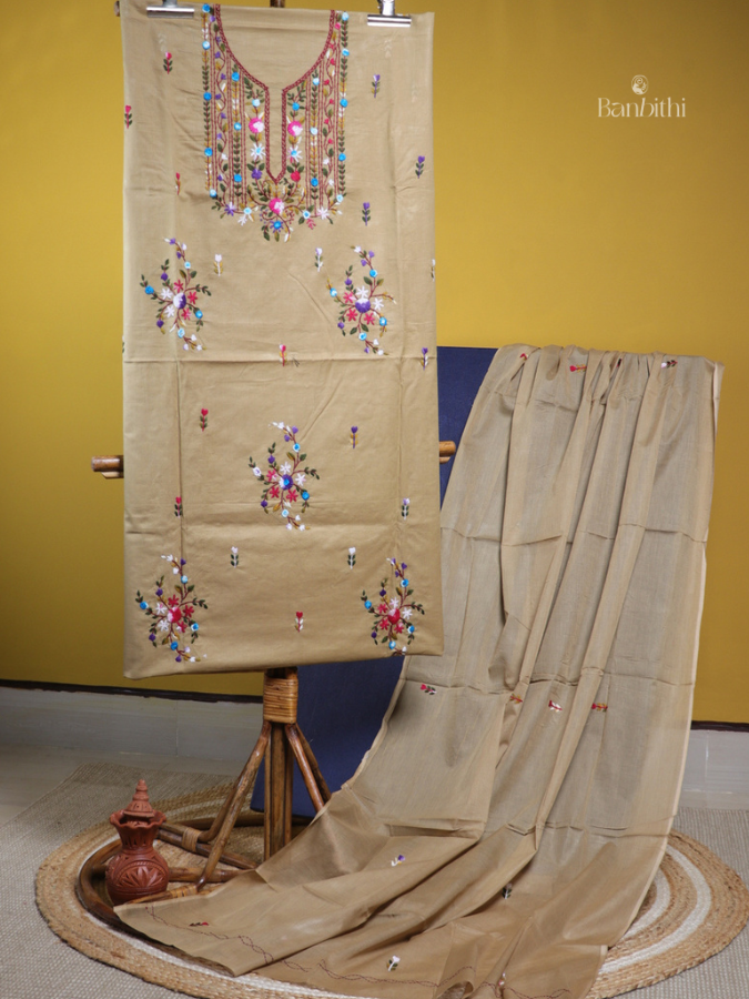 Hand Embroidered Cotton Suit Set – 3 Pcs (Light Brown Variant)