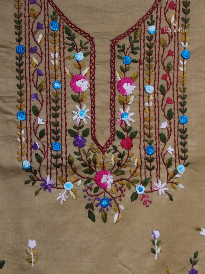 Hand Embroidered Cotton Suit Set – 3 Pcs (Light Brown Variant)