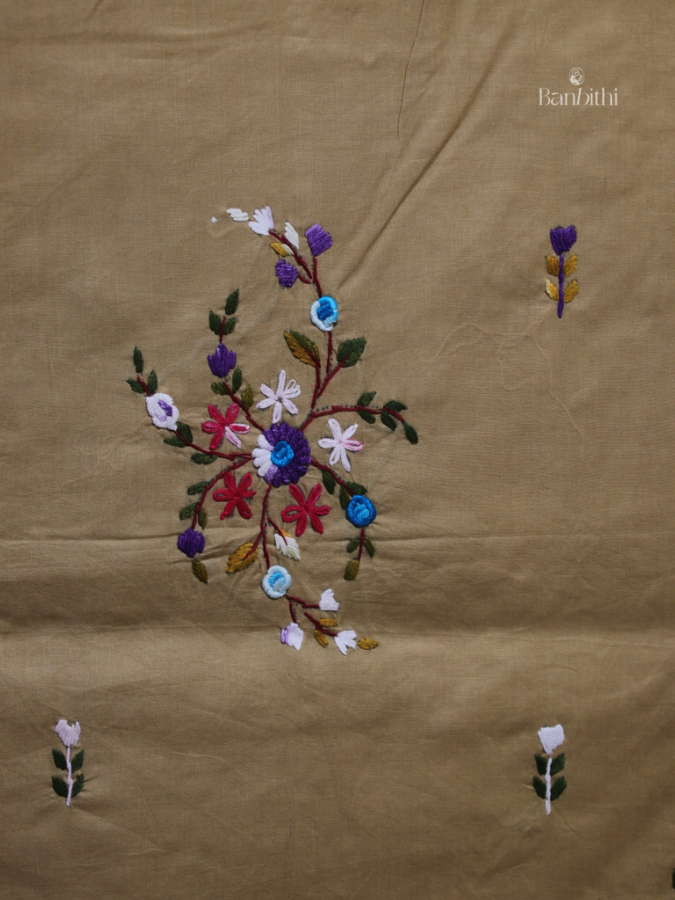 Hand Embroidered Cotton Suit Set – 3 Pcs (Light Brown Variant)