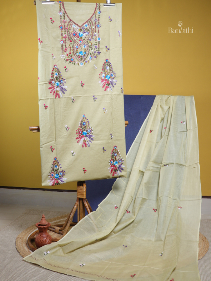 Hand Embroidered Cotton Suit Set – 3 Pcs (Light Brown Classic)