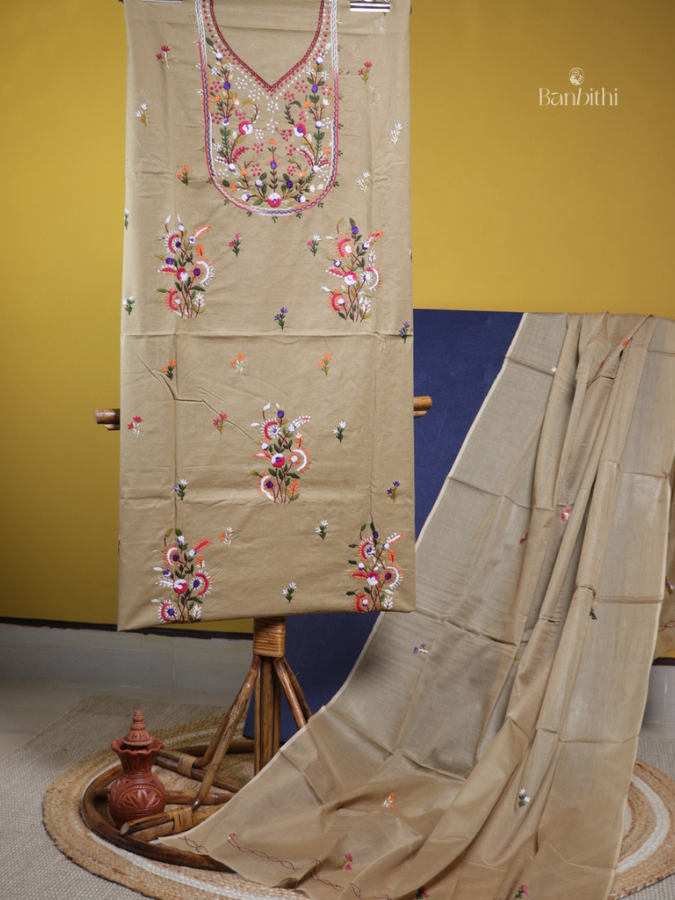 Hand Embroidered Cotton Suit Set – 3 Pcs (Light Brown)