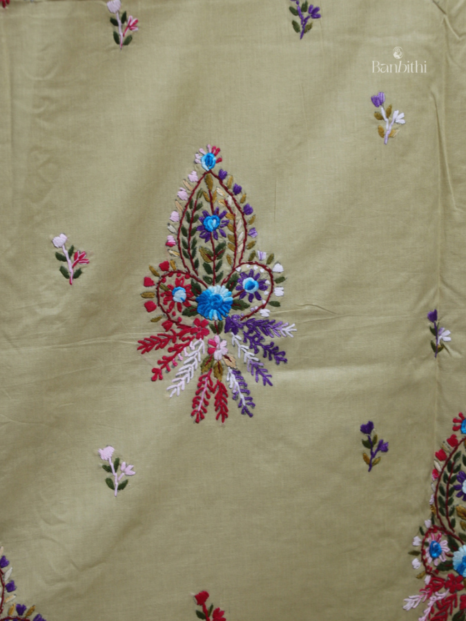 Hand Embroidered Cotton Suit Set – 3 Pcs (Light Brown Classic)