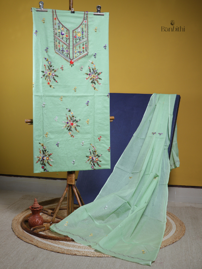 Hand Embroidered Cotton Suit Set – 3 Pcs (Light Green)