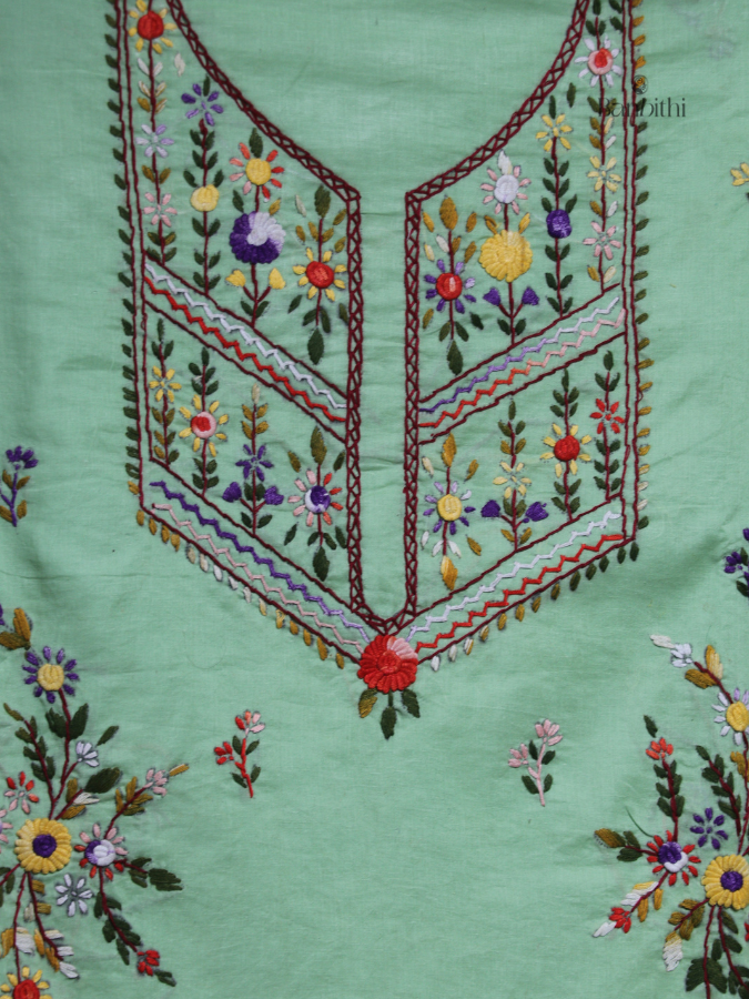 Hand Embroidered Cotton Suit Set – 3 Pcs (Light Green)