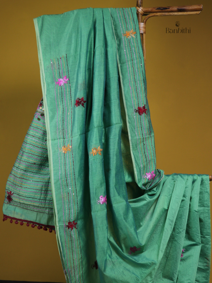 Tender Green Handcrafted Threadwork Saree