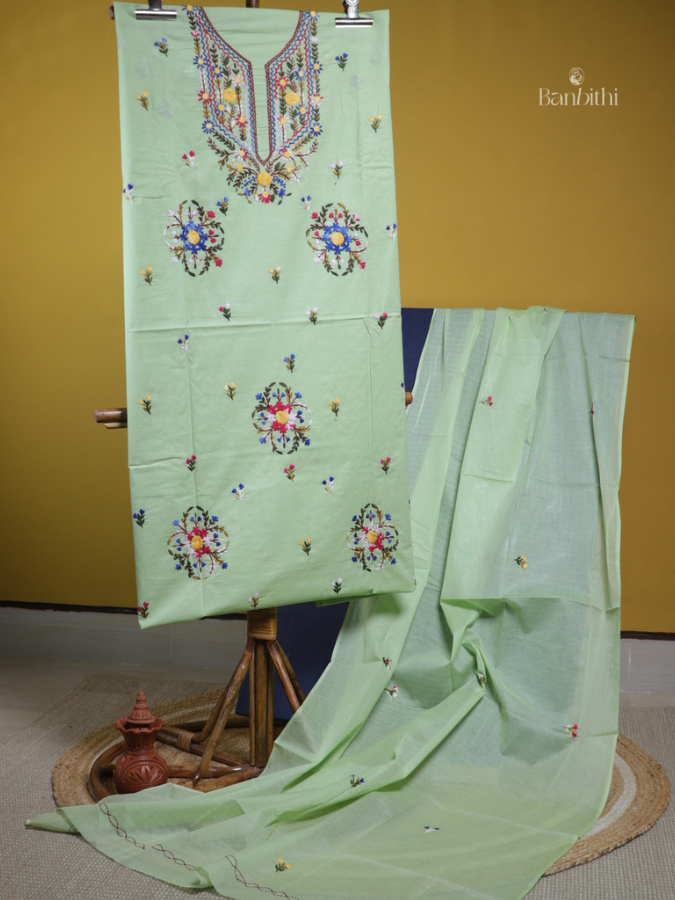 Hand Embroidered Cotton Suit Set – 3 Pcs (Light Green)
