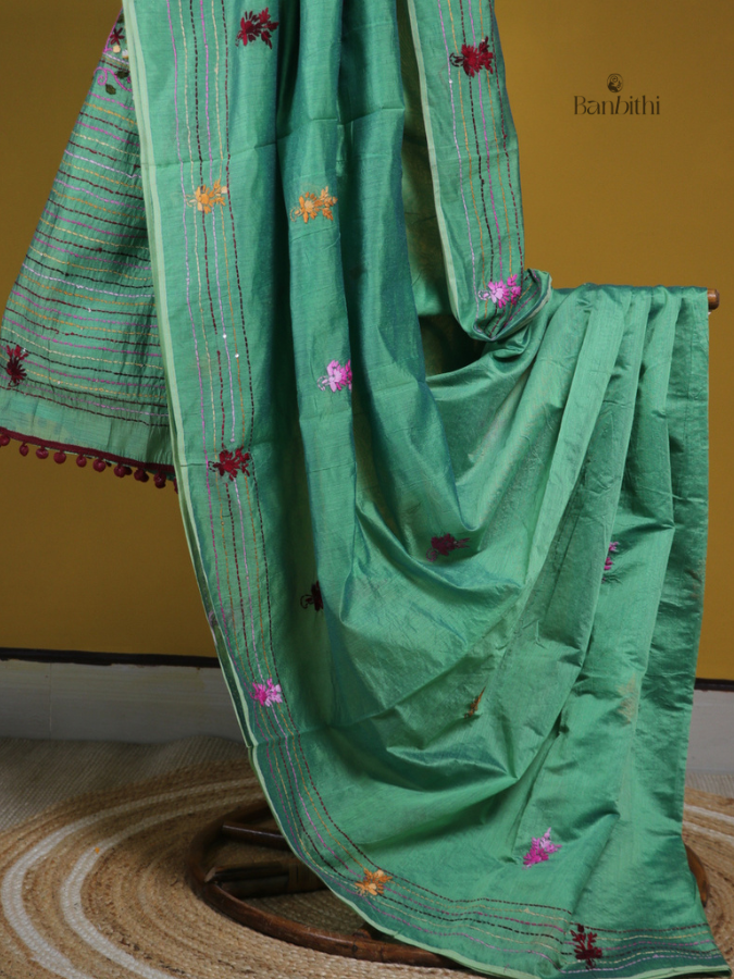 Tender Green Handcrafted Threadwork Saree