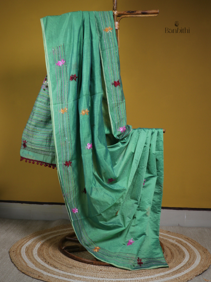 Tender Green Handcrafted Threadwork Saree