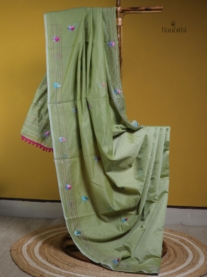 Meadow Green Rural Craft Chanderi Saree