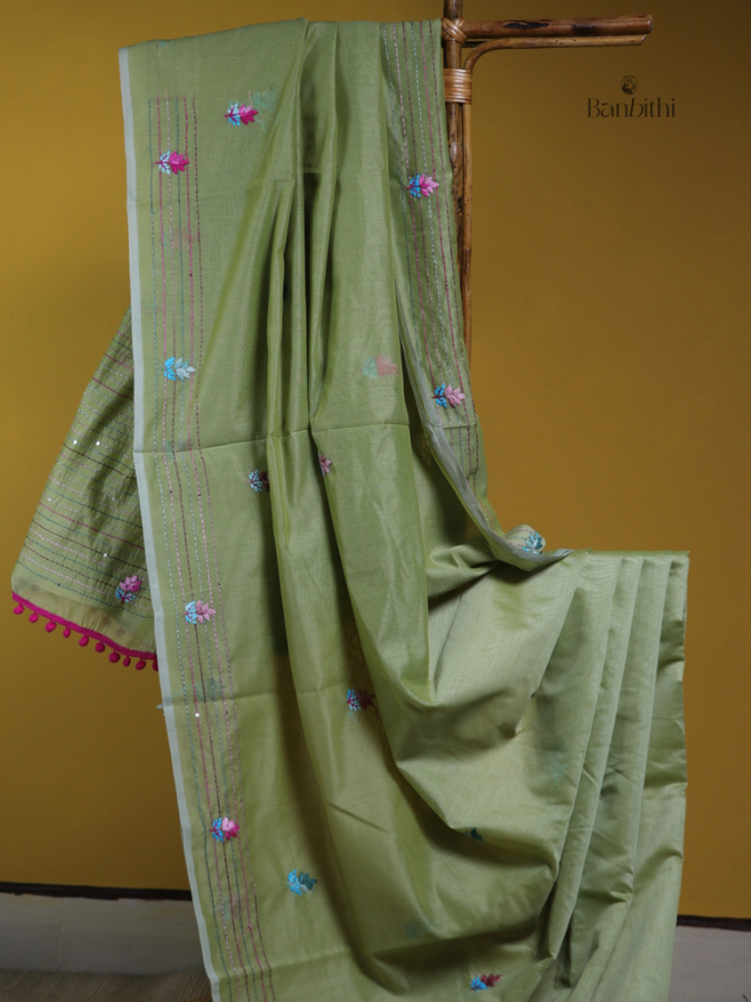 Meadow Green Rural Craft Chanderi Saree