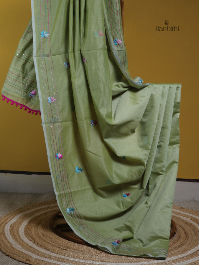 Meadow Green Rural Craft Chanderi Saree