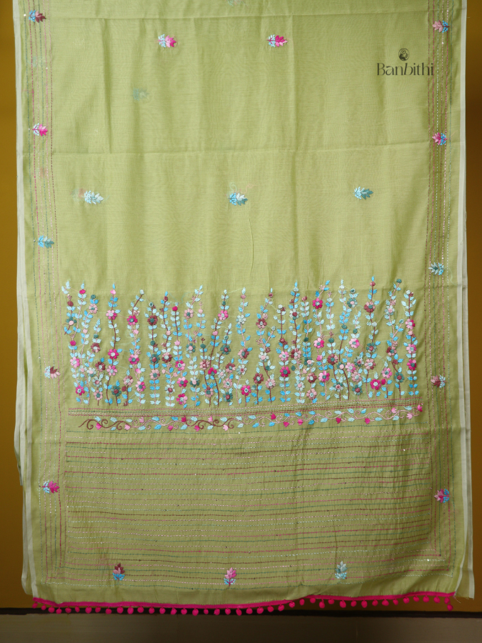 Meadow Green Rural Craft Chanderi Saree