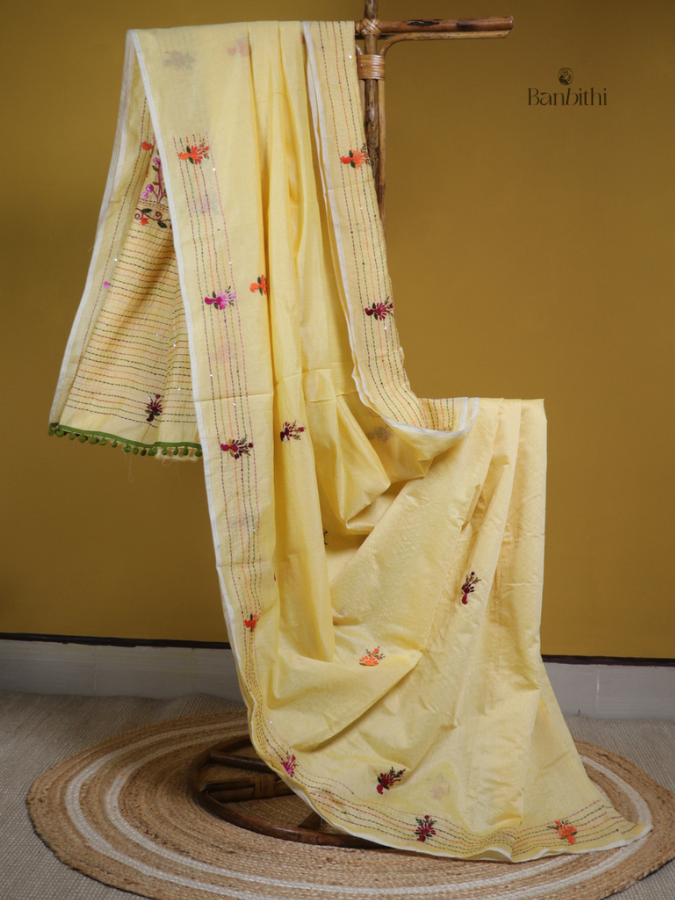 Light Yellow Multicolour Village Craft Chanderi Saree
