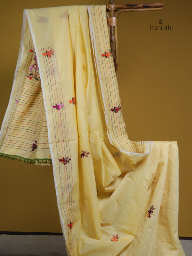 Light Yellow Multicolour Village Craft Chanderi Saree