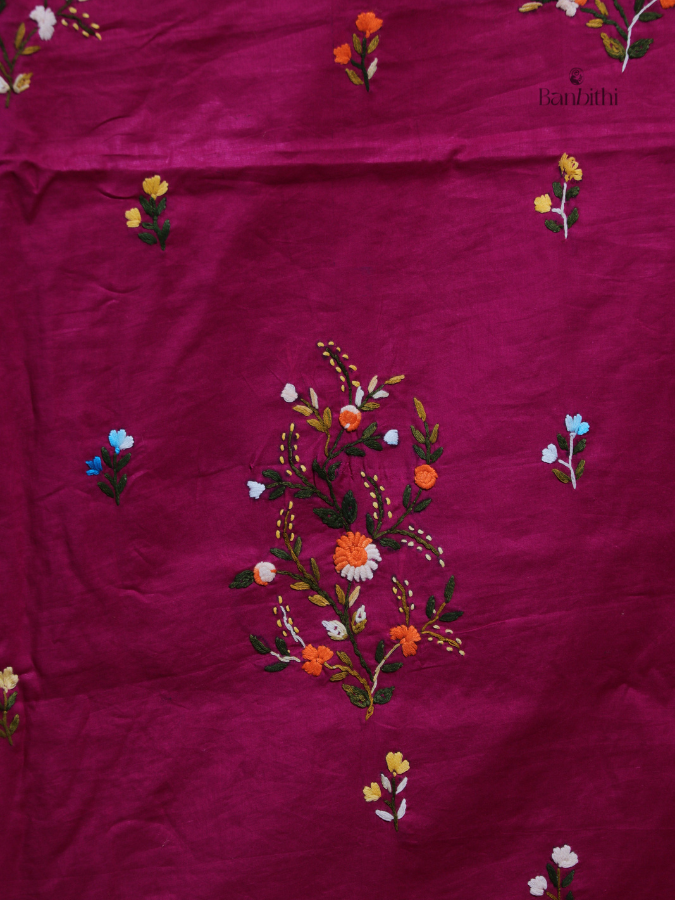 Hand Embroidered Cotton Suit Set – 3 Pcs (Magenta)