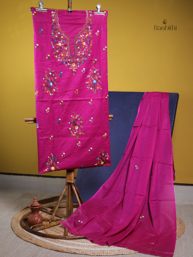 Hand Embroidered Cotton Suit Set – 3 Pcs (Magenta)