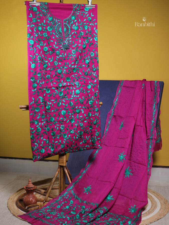 Hand Embroidered Cotton Suit Set – 3 Pcs (Magenta)