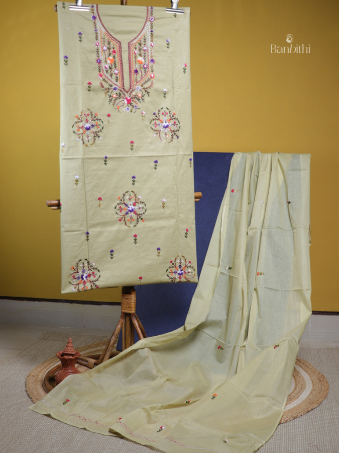 Hand Embroidered Cotton Suit Set – 3 Pcs (Light Green Variant)