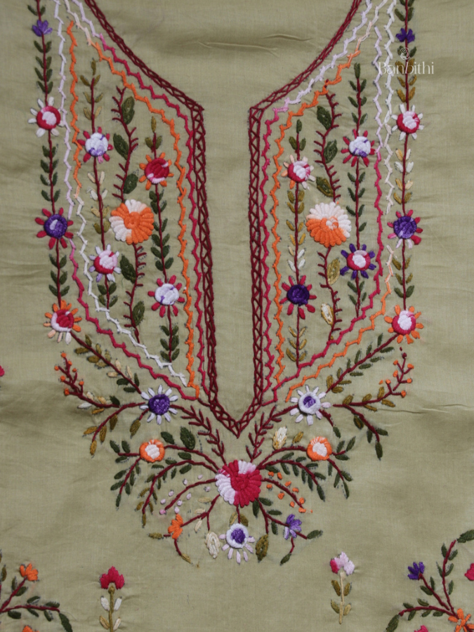 Hand Embroidered Cotton Suit Set – 3 Pcs (Light Green Variant)