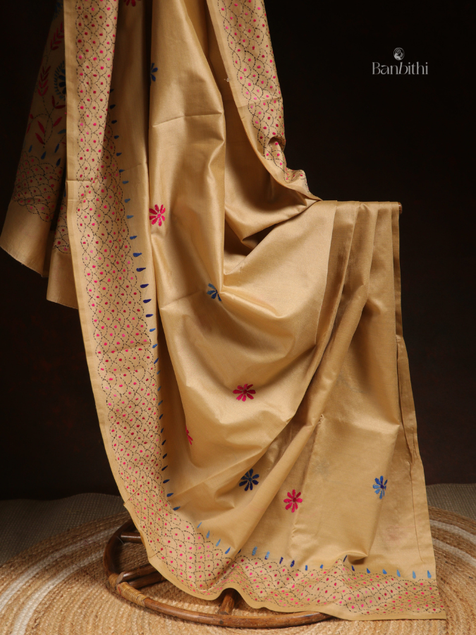 Hand Embroidered Saree – Mustard Yellow with Pink & Blue Thread