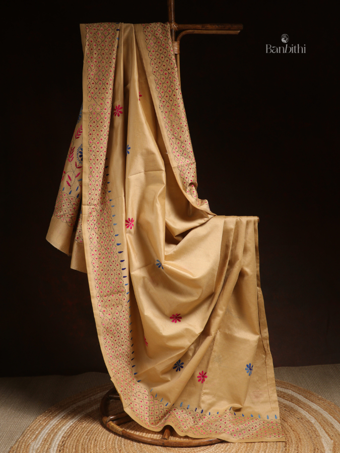 Hand Embroidered Saree – Mustard Yellow with Pink & Blue Thread