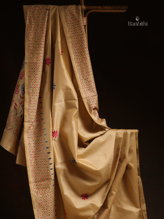 Hand Embroidered Saree – Mustard Yellow with Pink & Blue Thread