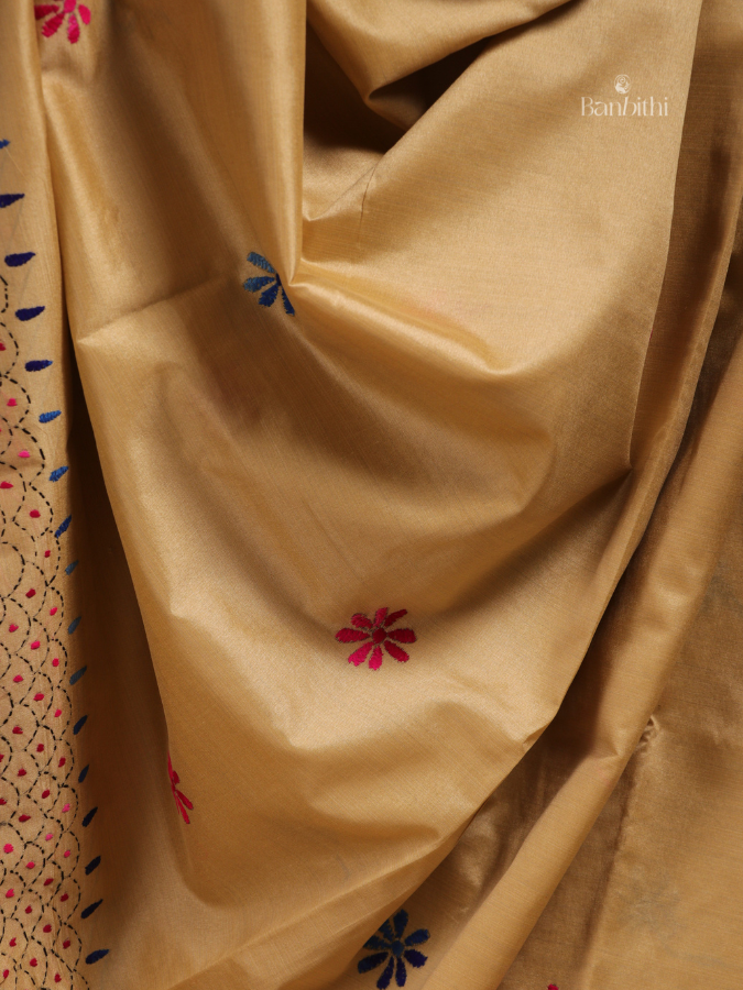 Hand Embroidered Saree – Mustard Yellow with Pink & Blue Thread