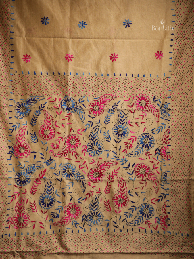 Hand Embroidered Saree – Mustard Yellow with Pink & Blue Thread