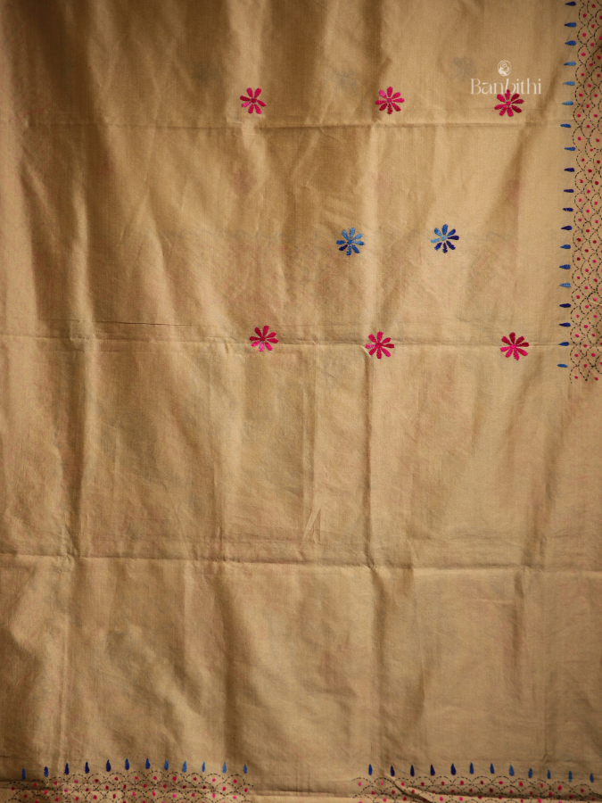Hand Embroidered Saree – Mustard Yellow with Pink & Blue Thread