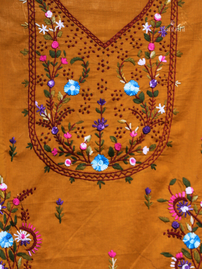 Hand Embroidered Cotton Suit Set – 3 Pcs (Mustard Yellow)