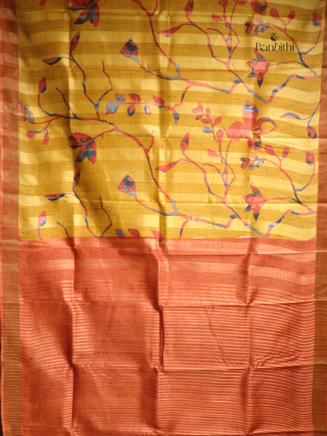 Hand Painted Tussar Kosa Silk Saree – Mustard Yellow