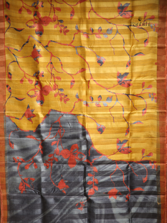 Hand Painted Tussar Kosa Silk Saree – Mustard Yellow