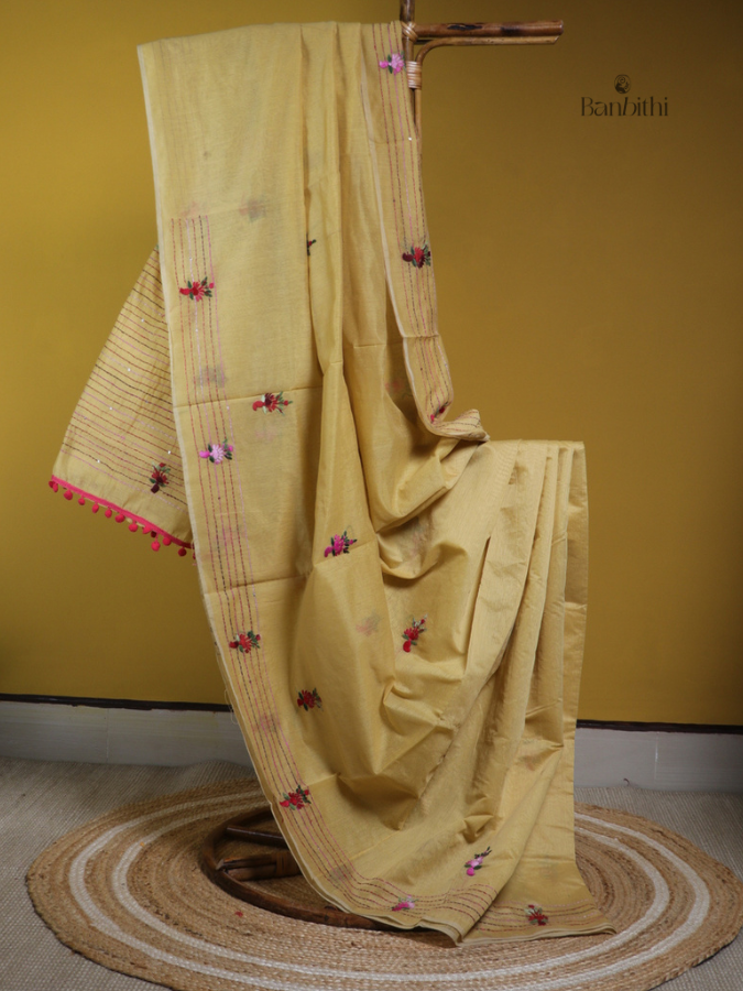 Golden Mustard Heritage Stitch Chanderi Saree