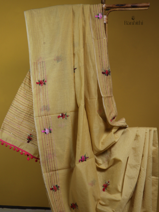 Golden Mustard Heritage Stitch Chanderi Saree