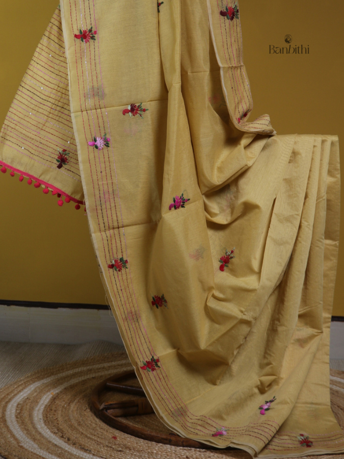 Golden Mustard Heritage Stitch Chanderi Saree