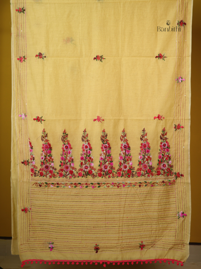 Golden Mustard Heritage Stitch Chanderi Saree