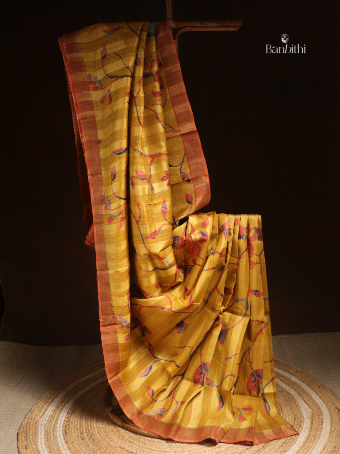 Hand Painted Tussar Kosa Silk Saree – Mustard Yellow