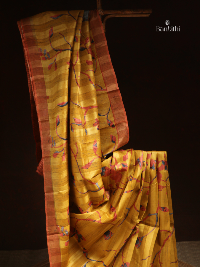 Hand Painted Tussar Kosa Silk Saree – Mustard Yellow