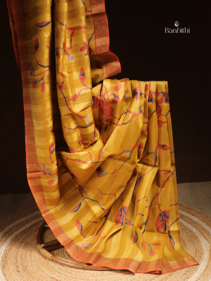 Hand Painted Tussar Kosa Silk Saree – Mustard Yellow