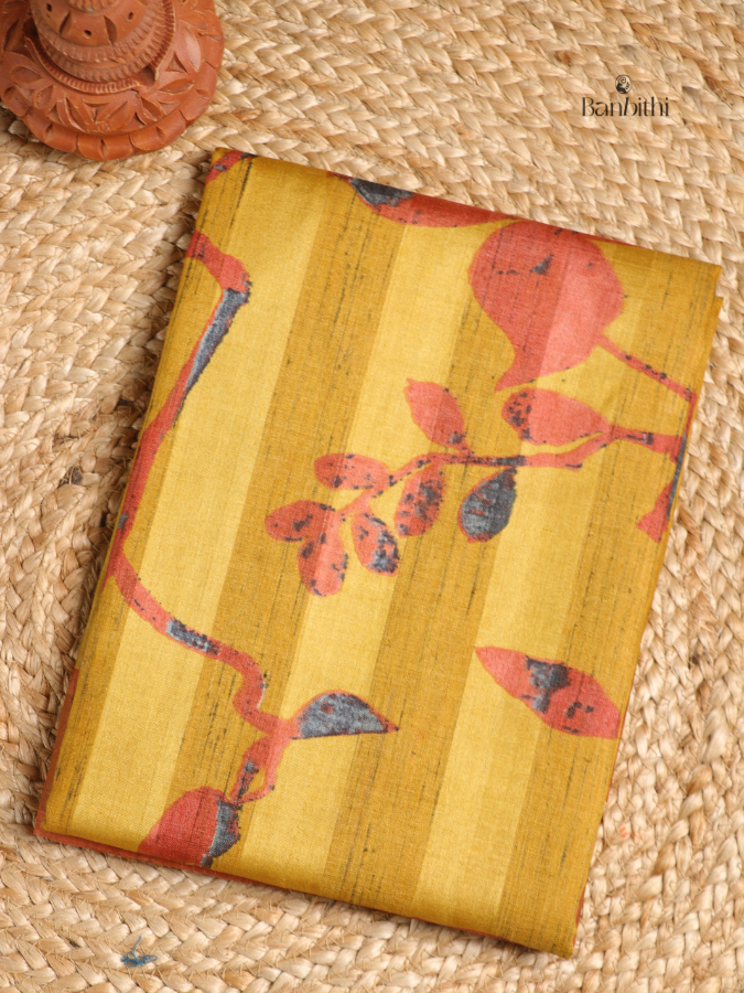 Hand Painted Tussar Kosa Silk Saree – Mustard Yellow